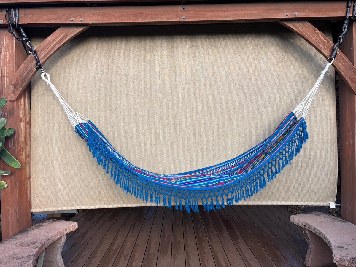 Braided Fringe Hammock: Inca Pattern, UV & Mildew Resistant, Lightweight, Electric Blue