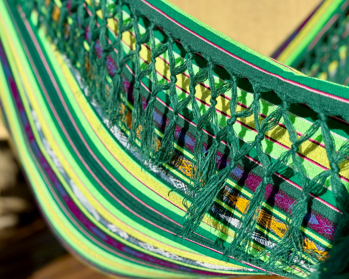 Braided Fringe Hammock: Inca Pattern, UV & Mildew Resistant, Lightweight, Green Blend