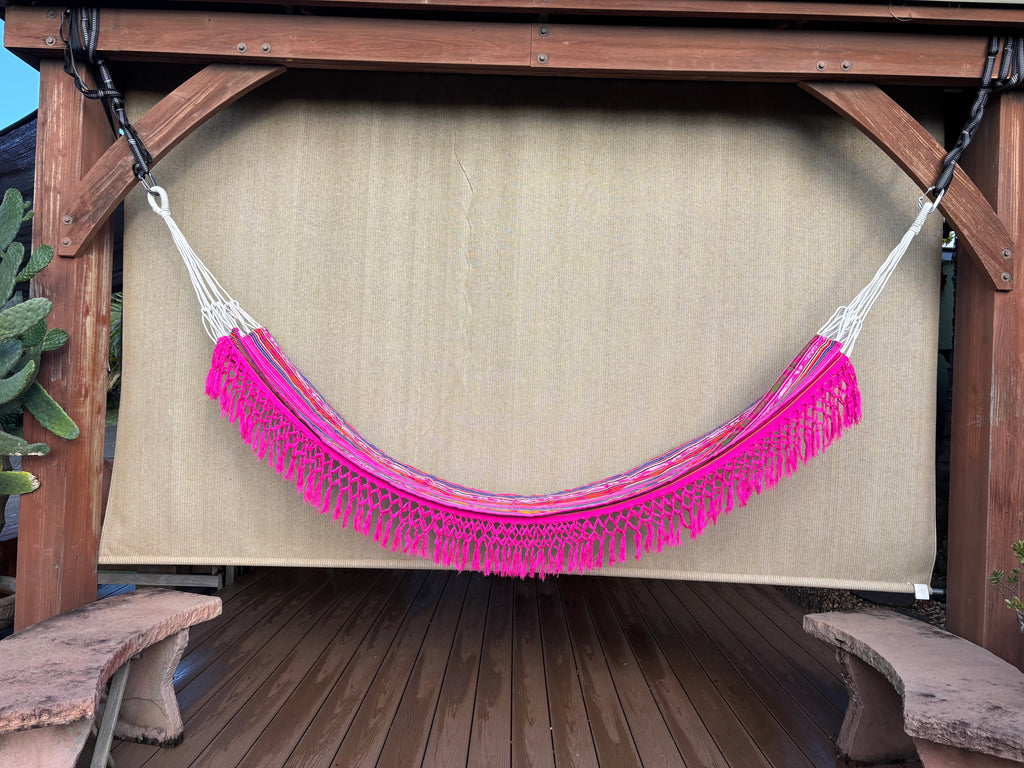 Braided Fringe Hammock: Inca Pattern, UV & Mildew Resistant, Lightweight, Pink Multicolor