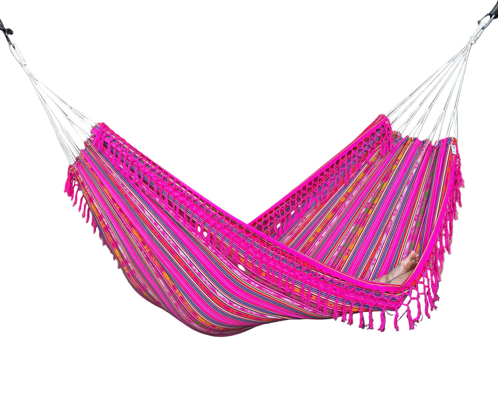 Braided Fringe Hammock: Inca Pattern, UV & Mildew Resistant, Lightweight, Pink Multicolor