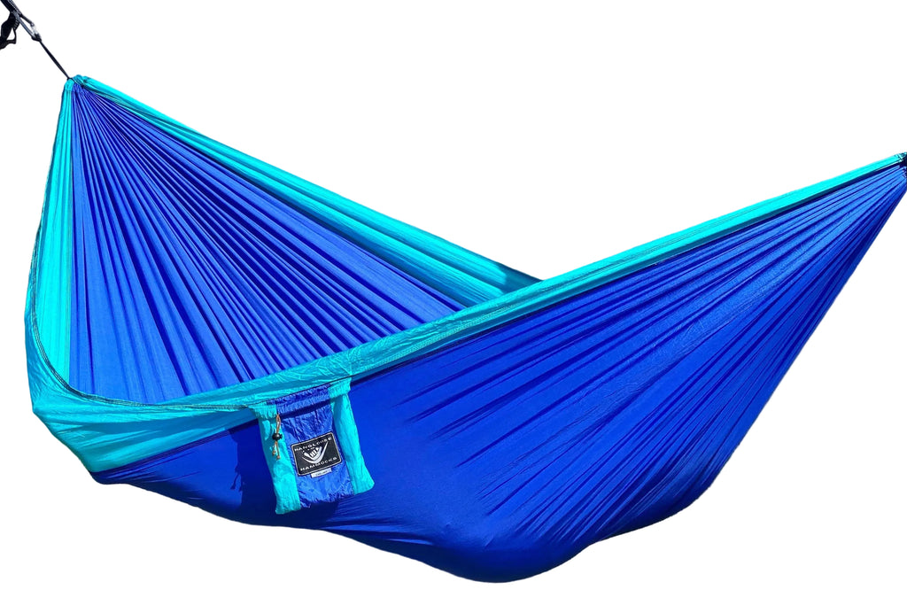 Parachute Silk Camping Hammock • Lani/Sky • Double XXL 6.5’x10’ • 440 lb Rated • Includes Carabiners & Stuff Sack • Ultralight & Packable • Handcrafted in Bali Since 1996
