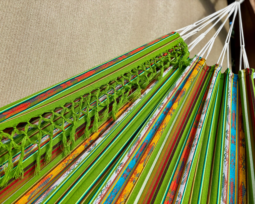 Braided Fringe Hammock: Inca Pattern, UV & Mildew Resistant, Lightweight, Light Green Blend