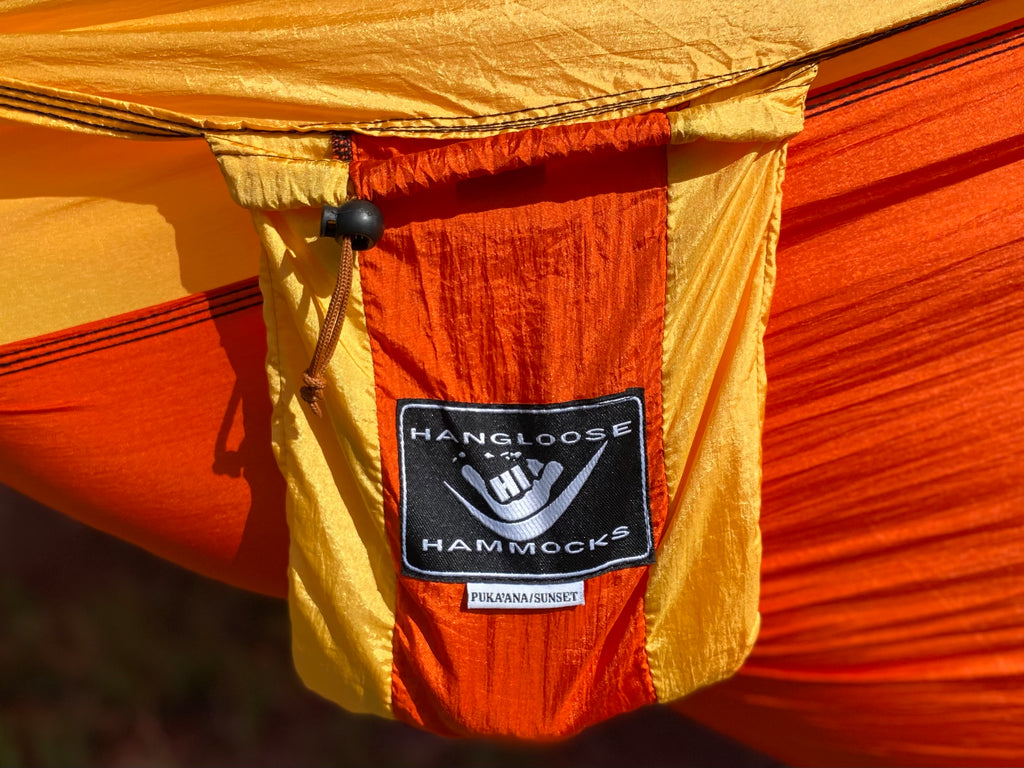 Parachute Silk Camping Hammock • Puka’ana/Sunset • Double XXL 6.5’x10’ • 440 lb Rated • Includes Carabiners & Stuff Sack • Ultralight & Packable • Handcrafted in Bali Since 1996
