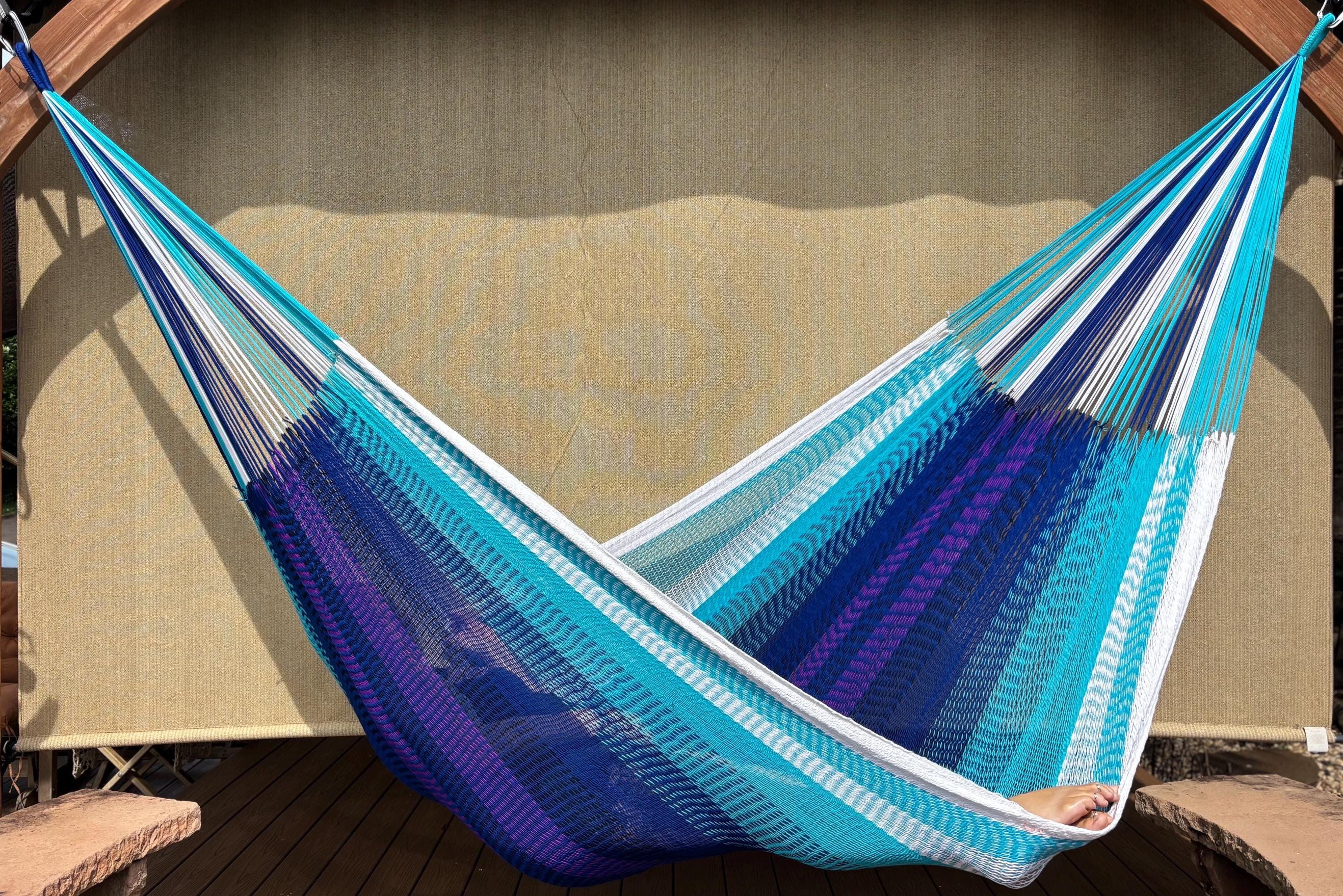 Handwoven Thai Hammock • Weather-Resistant, Fair Trade Nalu/Wave Blend (White, Light & Dark Blue with purple stripes) Beautiful