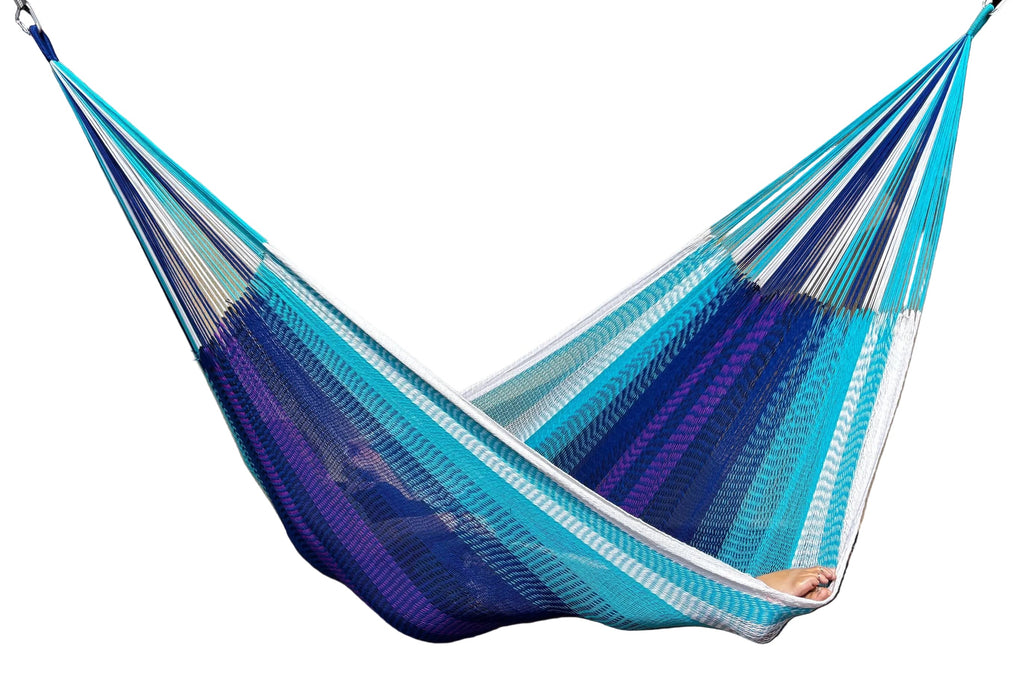 Handwoven Thai Hammock • Weather-Resistant, Fair Trade Nalu/Wave Blend (White, Light & Dark Blue with purple stripes) Beautiful