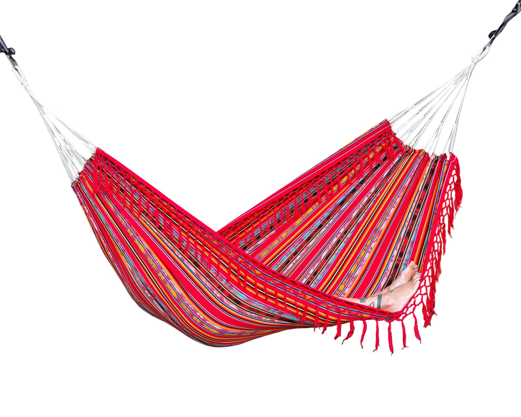 Braided Fringe Hammock: Inca Pattern, UV & Mildew Resistant, Lightweight, Red Multicolor