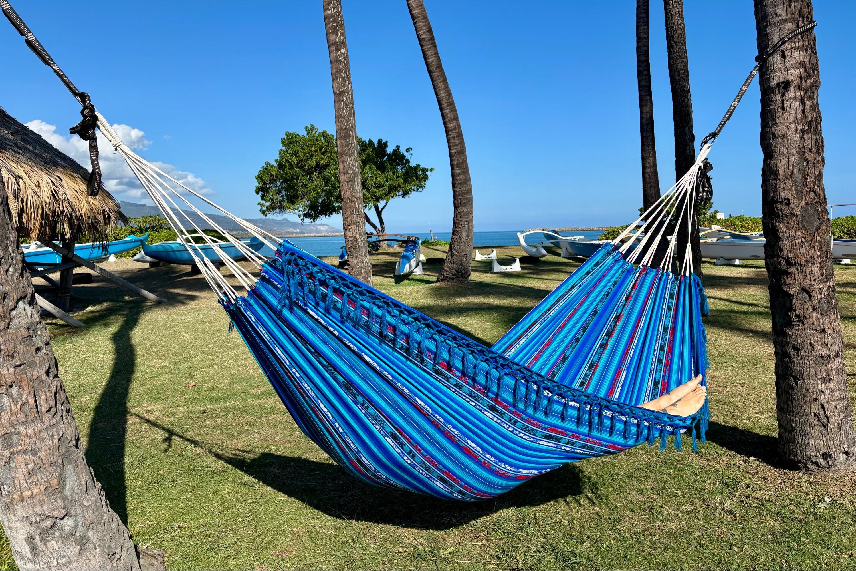 Ecuador Fringe Hammock • Blue Blend • Handwoven by Artisans • UV-Resistant • 500 lb Rated • Fair Trade • Free Shipping