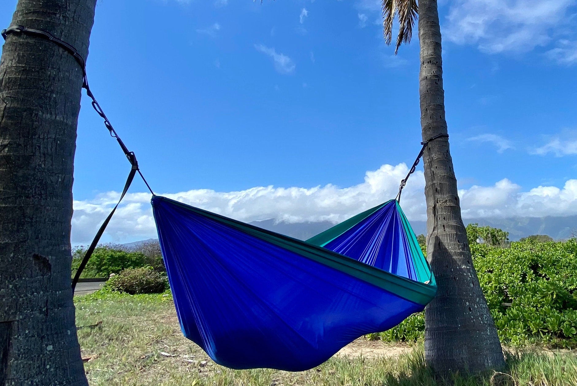 Parachute Silk Travel Hammock • Double 6.5’x10’ • 440 lb Rated • Includes 24 kN Carabiners & Stuff Sack • Ultralight & Breathable • Handcrafted in Bali Since 1996