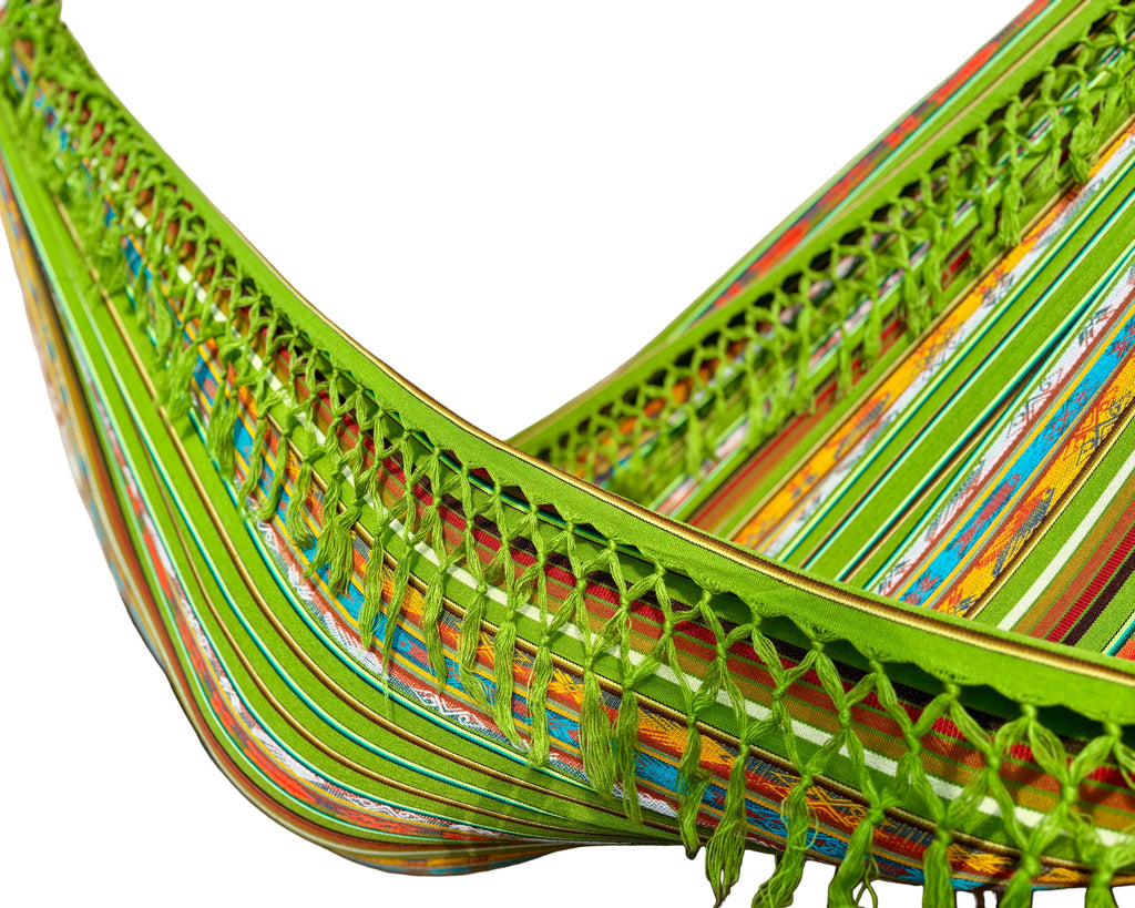 Braided Fringe Hammock: Inca Pattern, UV & Mildew Resistant, Lightweight, Light Green Blend