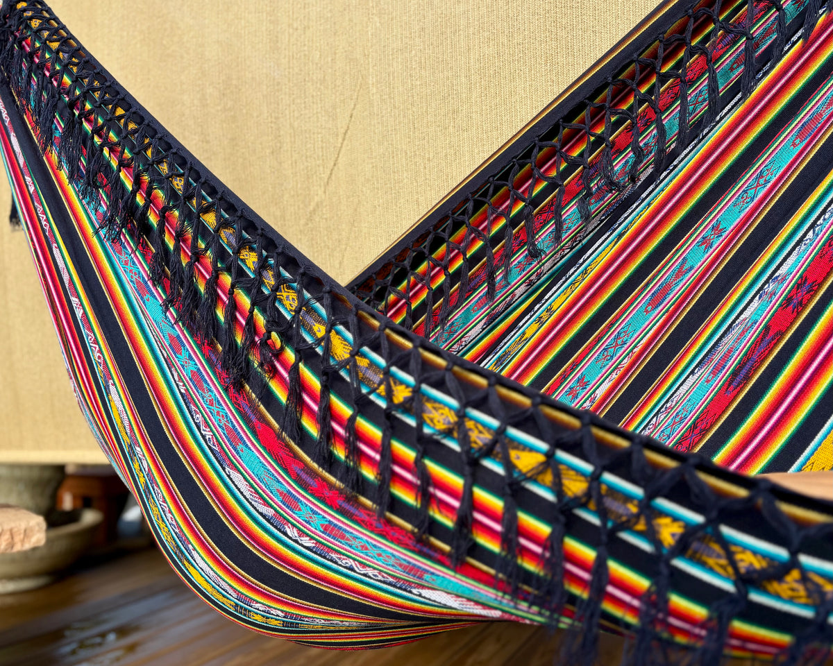 Braided Fringe Hammock: Inca Pattern, UV & Mildew Resistant, Lightweight, Navy Multicolor