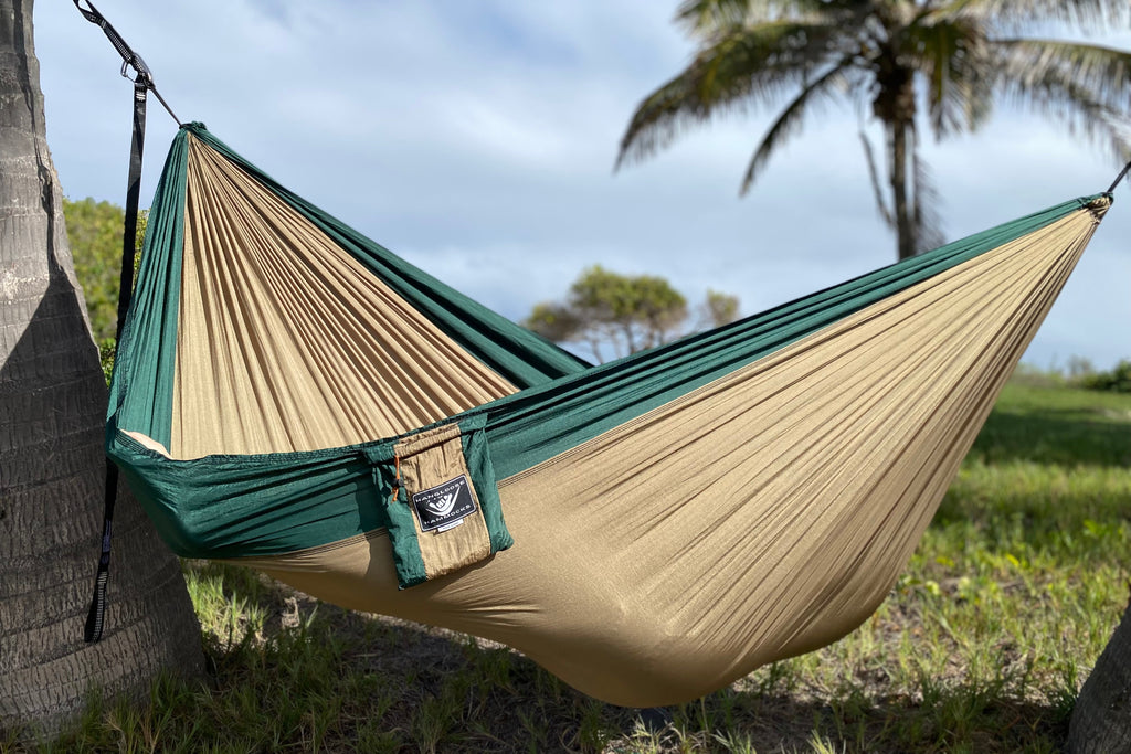Parachute Silk Camping Hammock • Aina/Land • Double XXL 6.5’x10’ • 440 lb Rated • Includes Carabiners & Stuff Sack • Ultralight & Packable • Handcrafted in Bali Since 1996