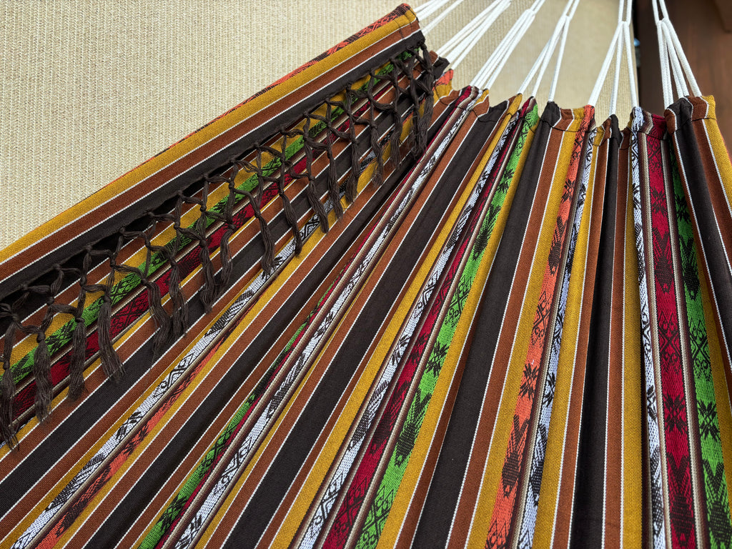 Braided Fringe Hammock: Inca Pattern, UV & Mildew Resistant, Lightweight, Coffee Color Blend