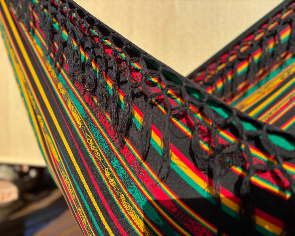 Braided Fringe Hammock: Inca Pattern, UV & Mildew Resistant, Lightweight, Rasta Color