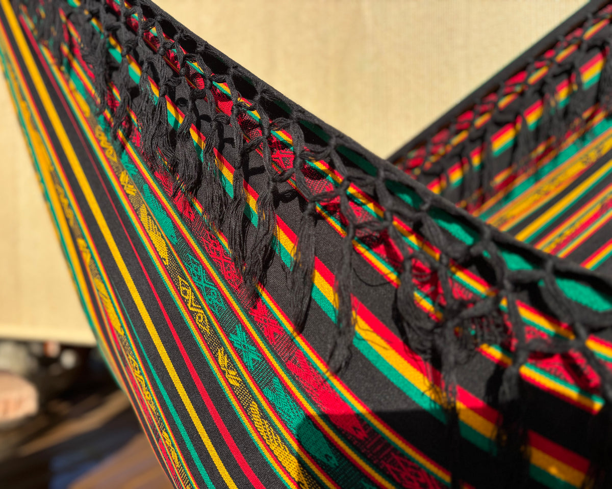 Braided Fringe Hammock: Inca Pattern, UV & Mildew Resistant, Lightweight, Rasta Color