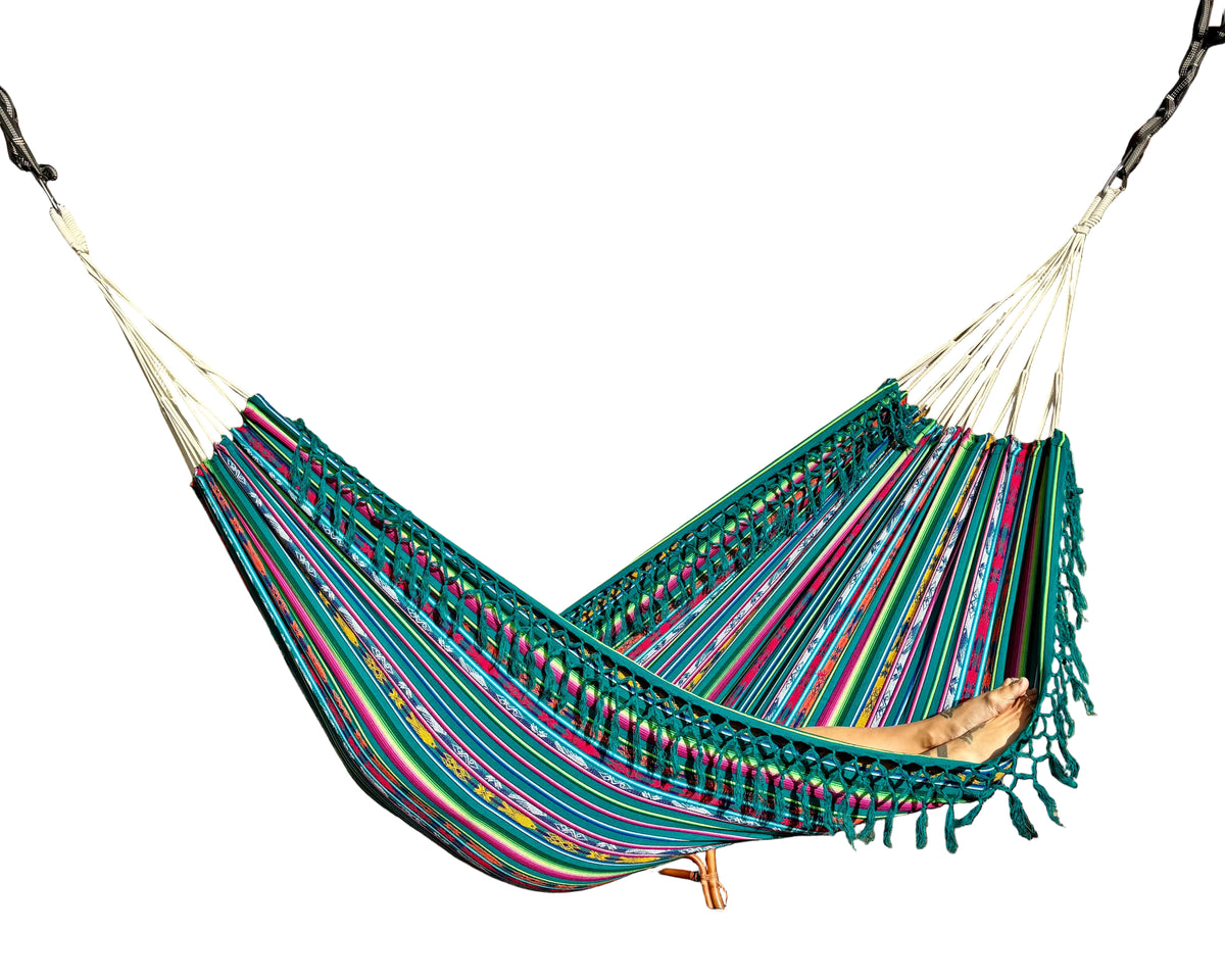 Braided Fringe Hammock: Inca Pattern, UV & Mildew Resistant, Lightweight, Sea Foam Color Blend