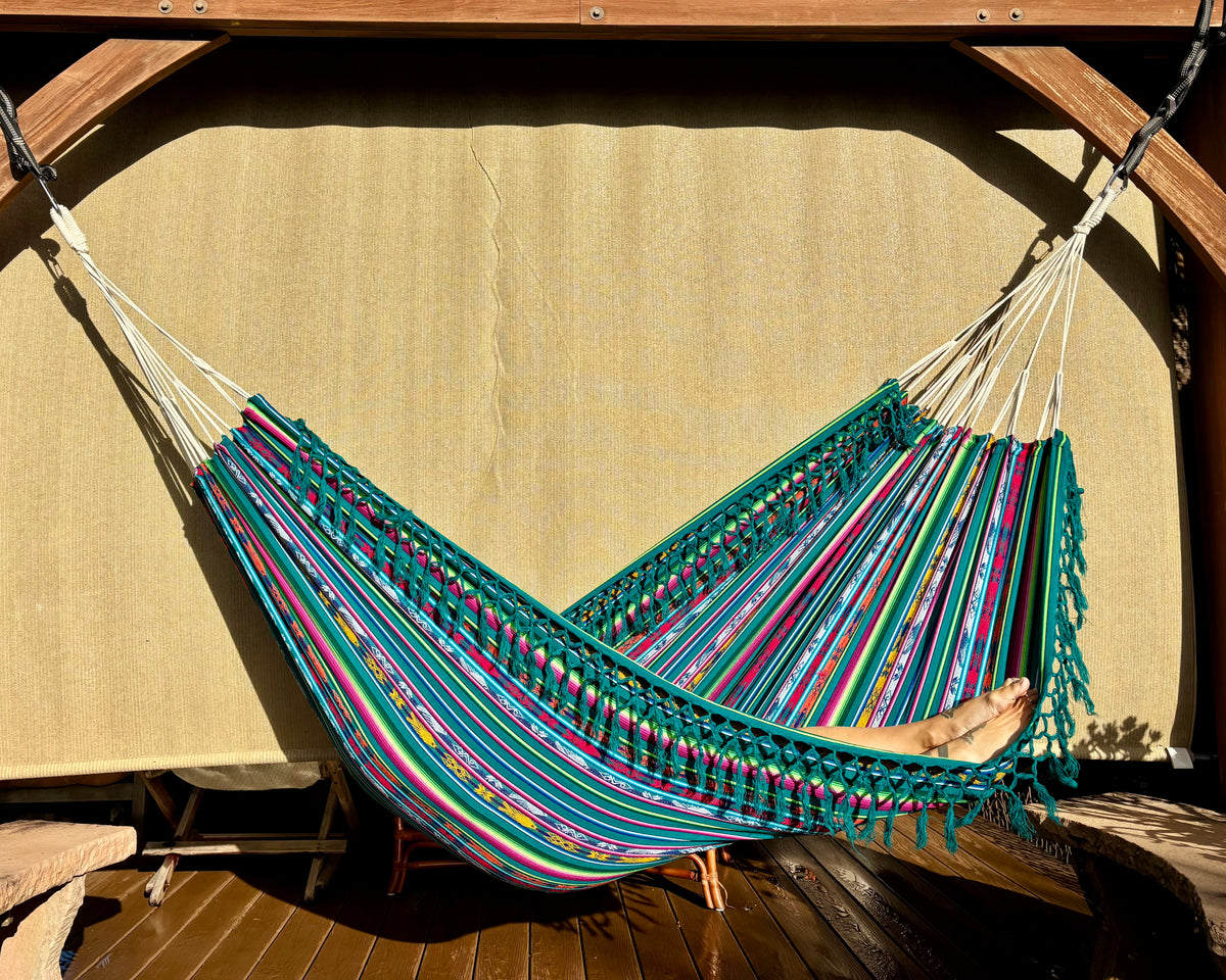 Braided Fringe Hammock: Inca Pattern, UV & Mildew Resistant, Lightweight, Sea Foam Color Blend
