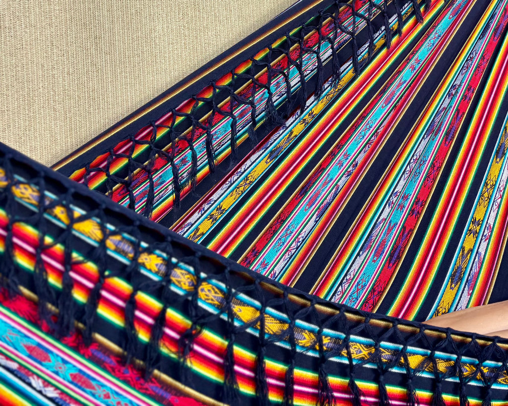 Braided Fringe Hammock: Inca Pattern, UV & Mildew Resistant, Lightweight, Navy Multicolor