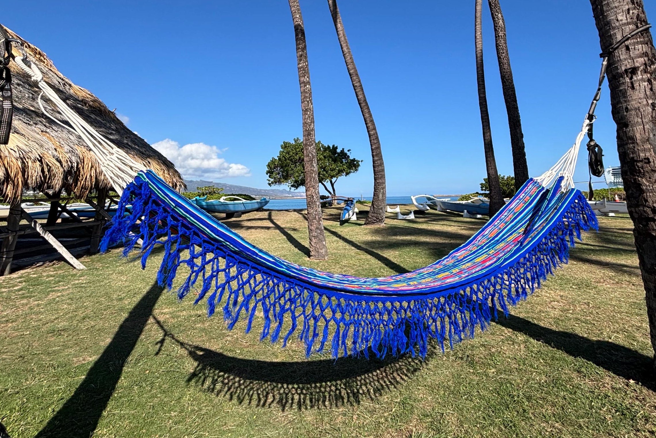 Ecuador Fringe Hammock • Dark Blue Blend • Handwoven by Artisans • UV-Resistant • 500 lb Rated • Fair Trade • Free Shipping
