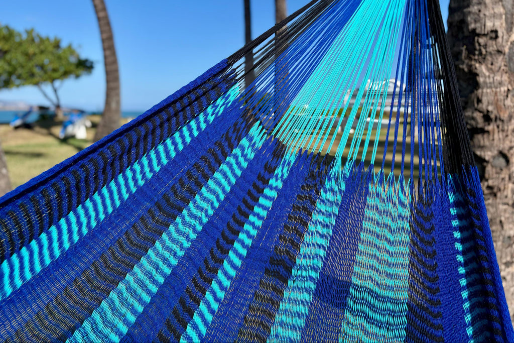 Handwoven Thai Hammock • Weather-Resistant, Fair Trade (Light Blue, Dark Blue, Black Blend)