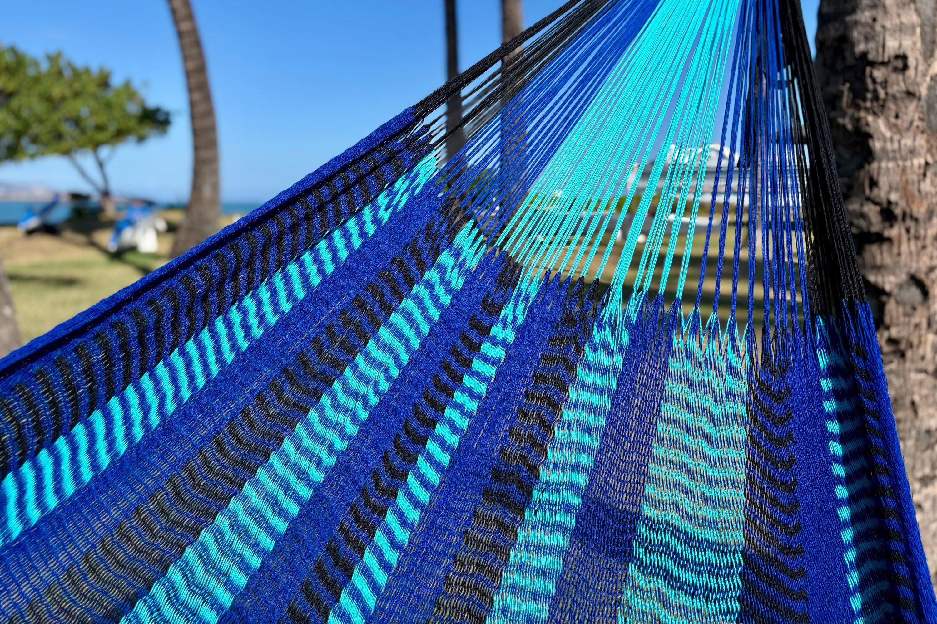 Handwoven Thai Hammock • Weather-Resistant, Fair Trade (Light Blue, Dark Blue, Black Blend)