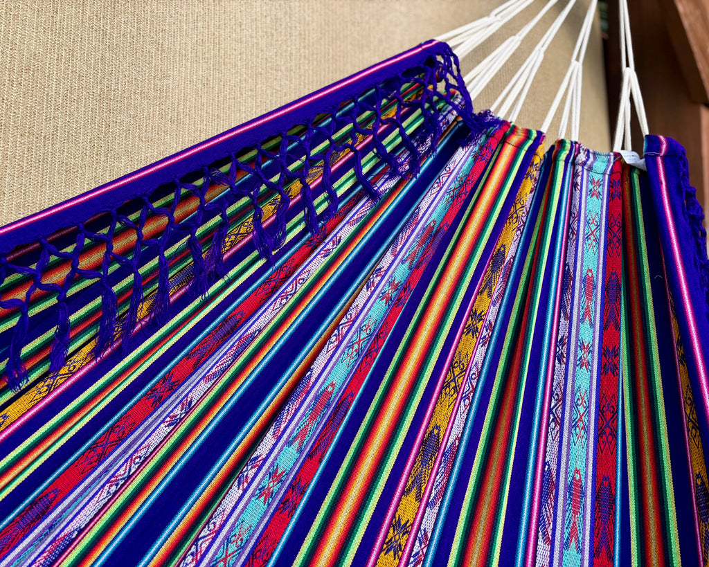Braided Fringe Hammock: Inca Pattern, UV & Mildew Resistant, Lightweight, Purple Multicolor