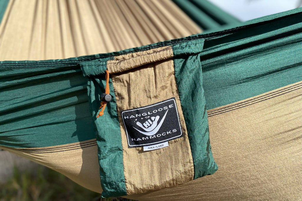 Parachute Silk Camping Hammock • Aina/Land • Double XXL 6.5’x10’ • 440 lb Rated • Includes Carabiners & Stuff Sack • Ultralight & Packable • Handcrafted in Bali Since 1996