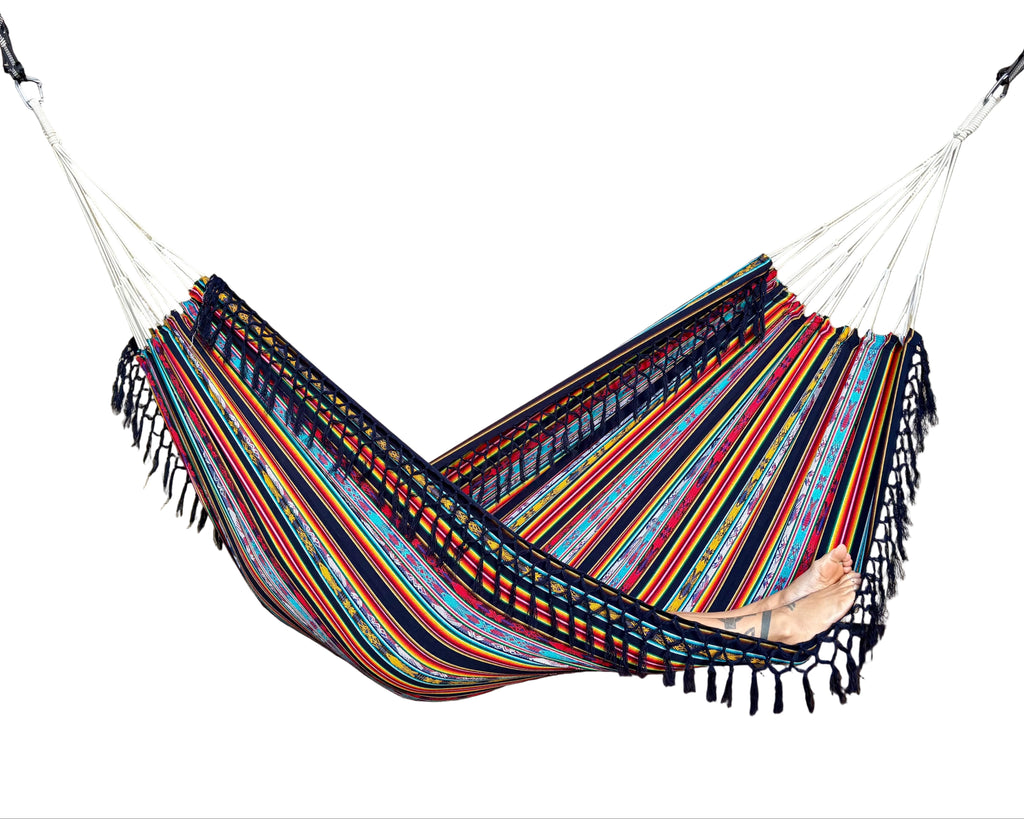 Braided Fringe Hammock: Inca Pattern, UV & Mildew Resistant, Lightweight, Navy Multicolor