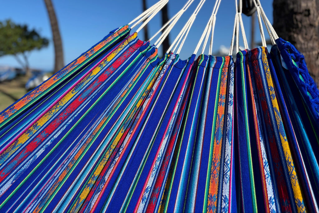 Ecuador Fringe Hammock • Dark Blue Blend • Handwoven by Artisans • UV-Resistant • 500 lb Rated • Fair Trade • Free Shipping
