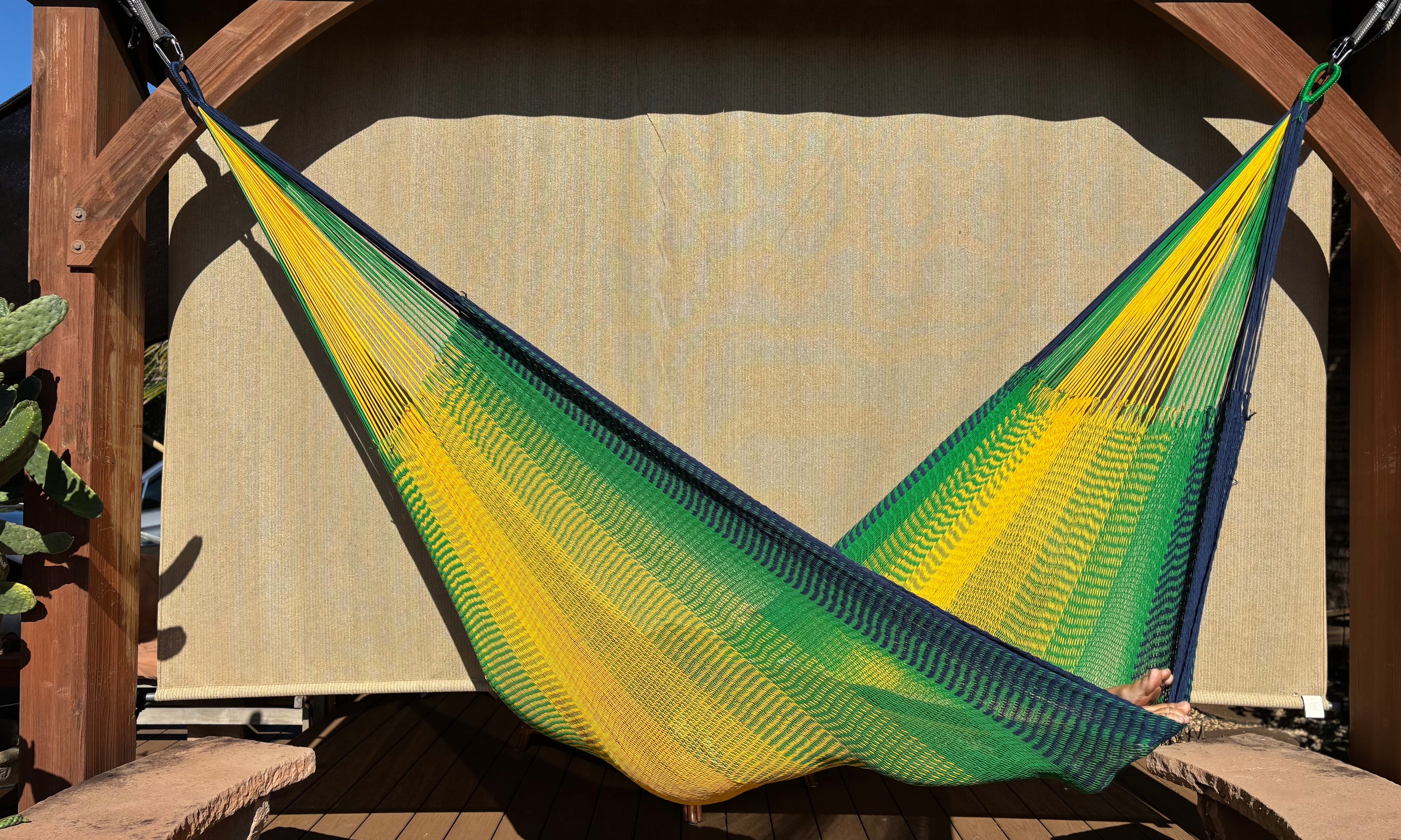 Handwoven Thai Hammock • Weather-Resistant, Fair Trade (Light Green, Dark Blue, Yellow Blend)