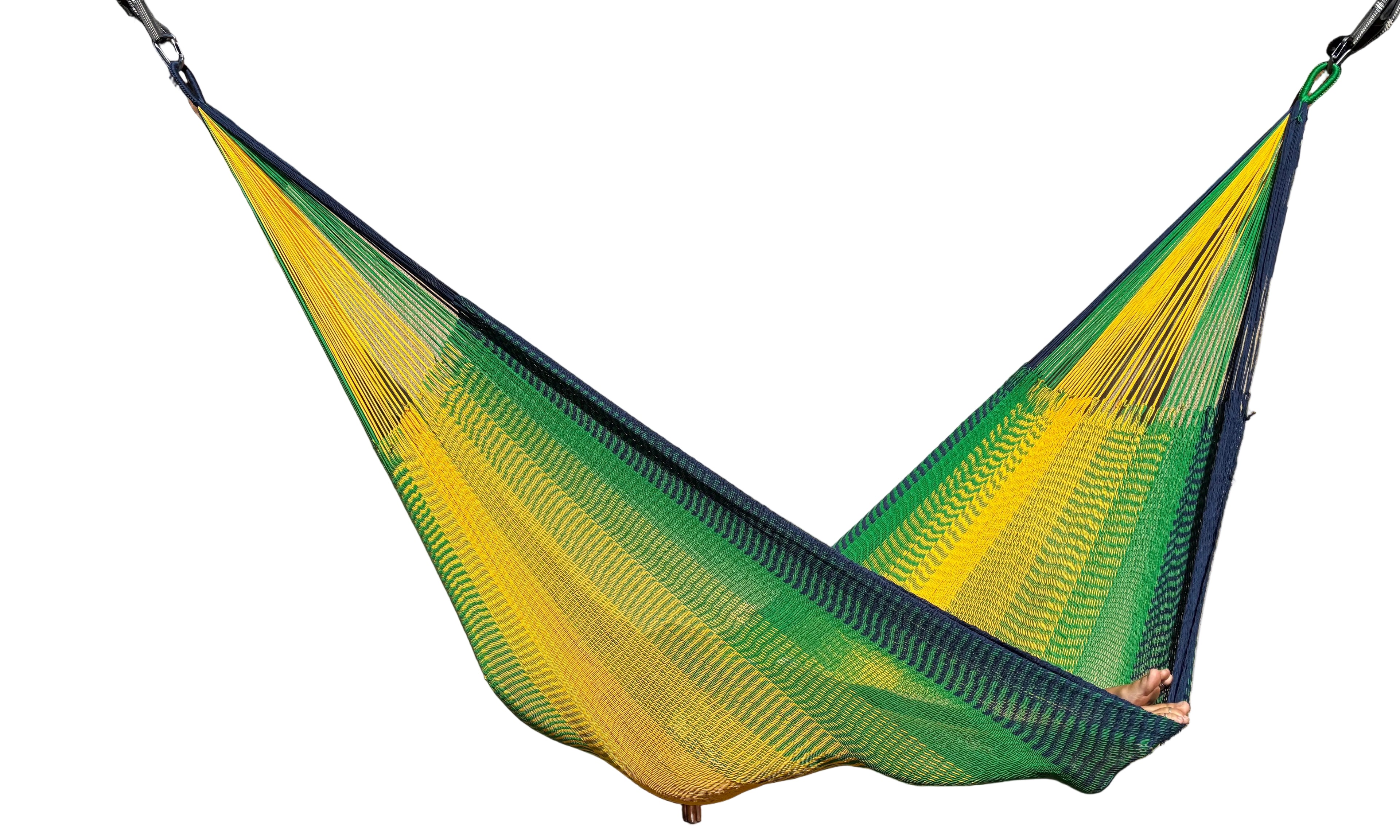 Handwoven Thai Hammock • Weather-Resistant, Fair Trade (Light Green, Dark Blue, Yellow Blend)