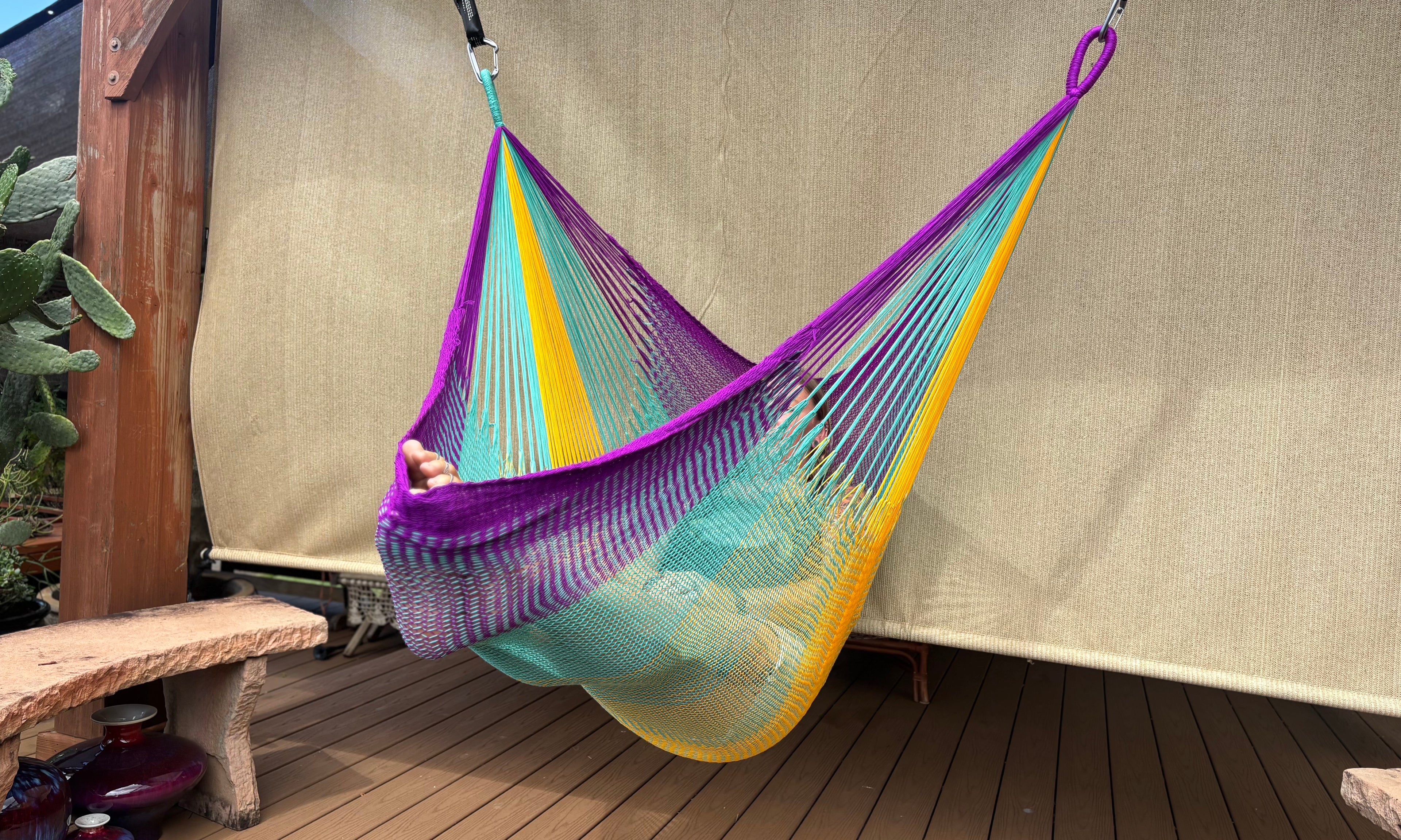 Thai Hammock Chair • Purple, Aqua & Yellow • Handwoven in Thailand • UV-Resistant • 500 lb Rated • Ultralight • Fair Trade