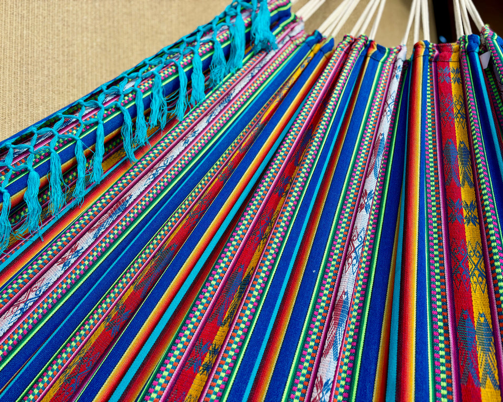 Braided Fringe Hammock: Inca Pattern, UV & Mildew Resistant, Lightweight, Aqua Blend