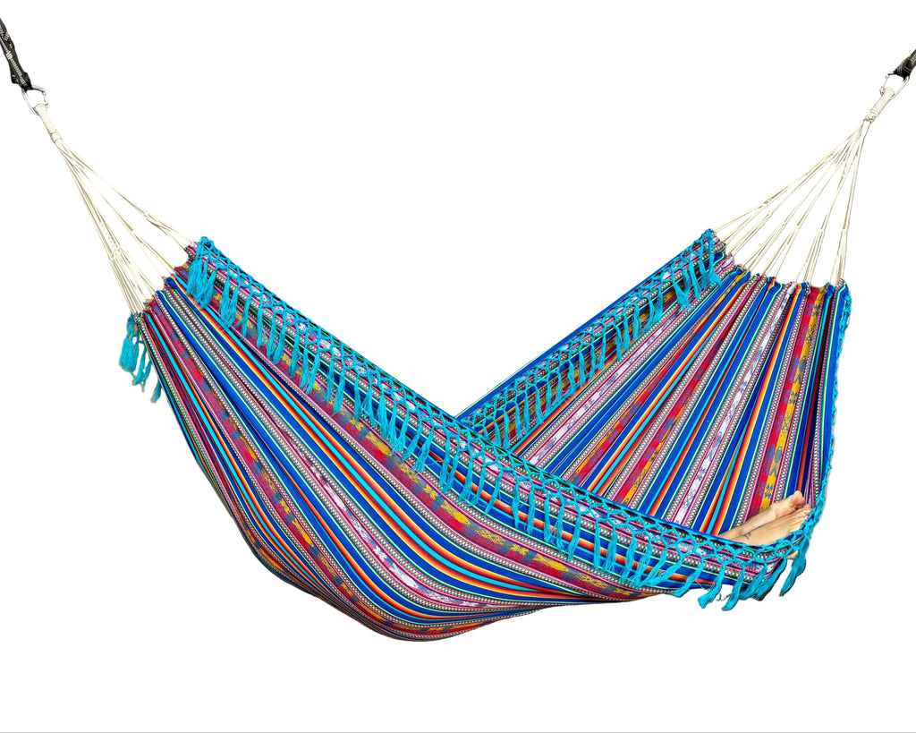 Braided Fringe Hammock: Inca Pattern, UV & Mildew Resistant, Lightweight, Aqua Blend