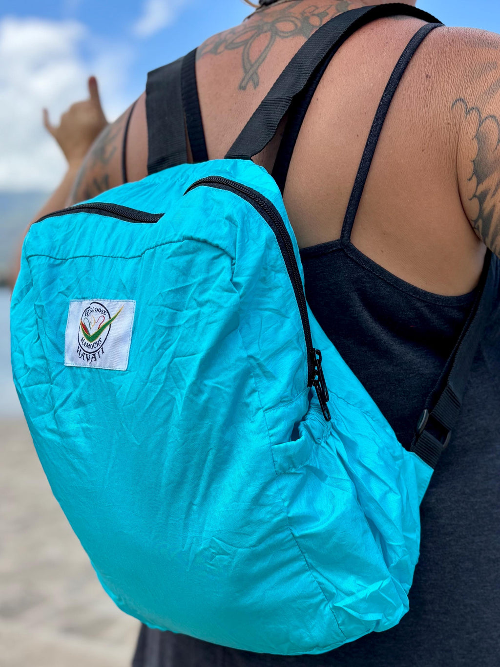Parachute Silk Backpack • Aqua • Ultralight 6.6 oz • Foldable Travel Pack • XL Drink Holders • Free Shipping from Maui