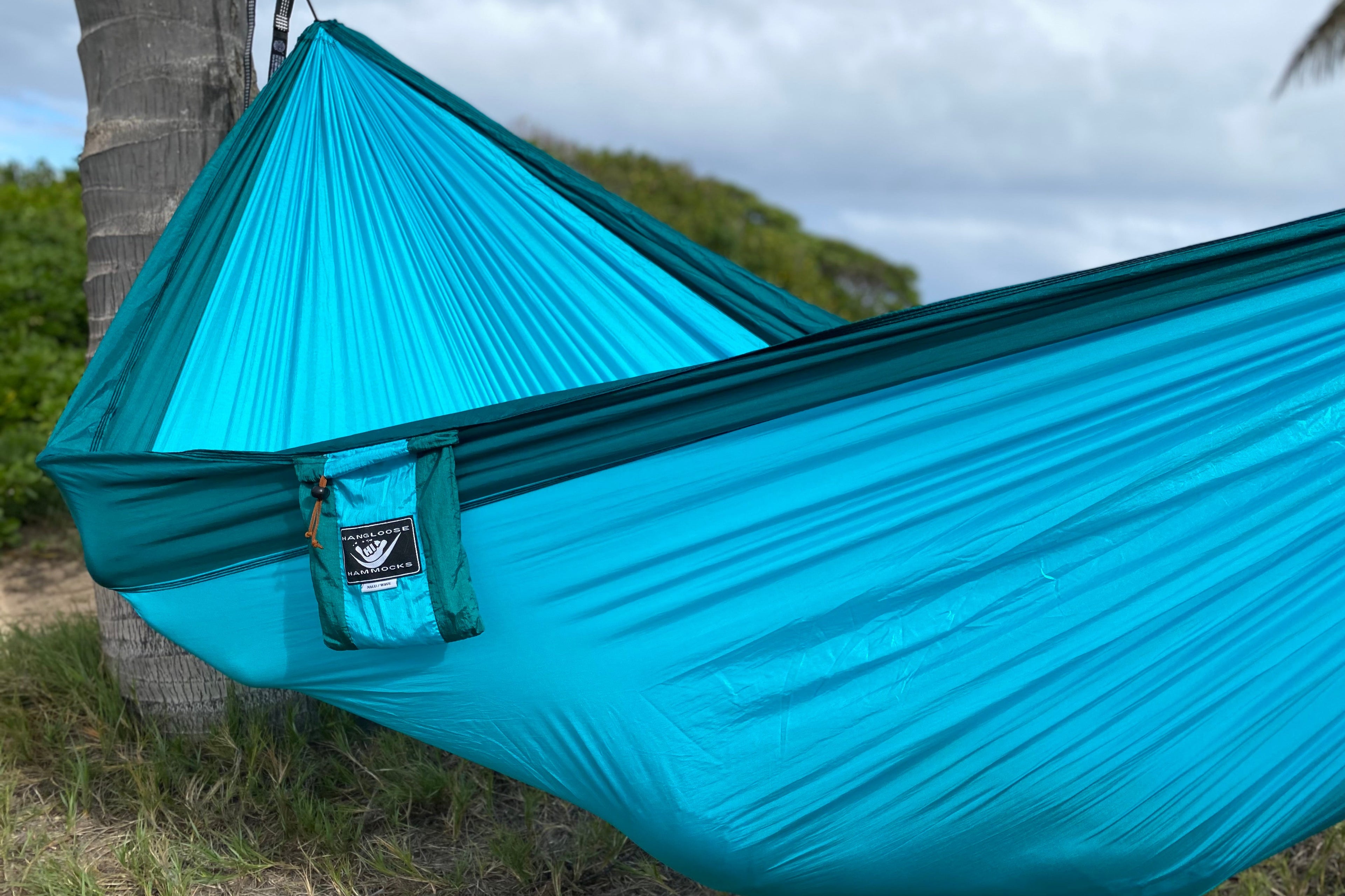 Parachute Silk Camping Hammock • Nalu/Wave • Double XXL 6.5’x10’ • 440 lb Rated • Includes Carabiners & Stuff Sack • Ultralight & Packable • Handcrafted in Bali Since 1996
