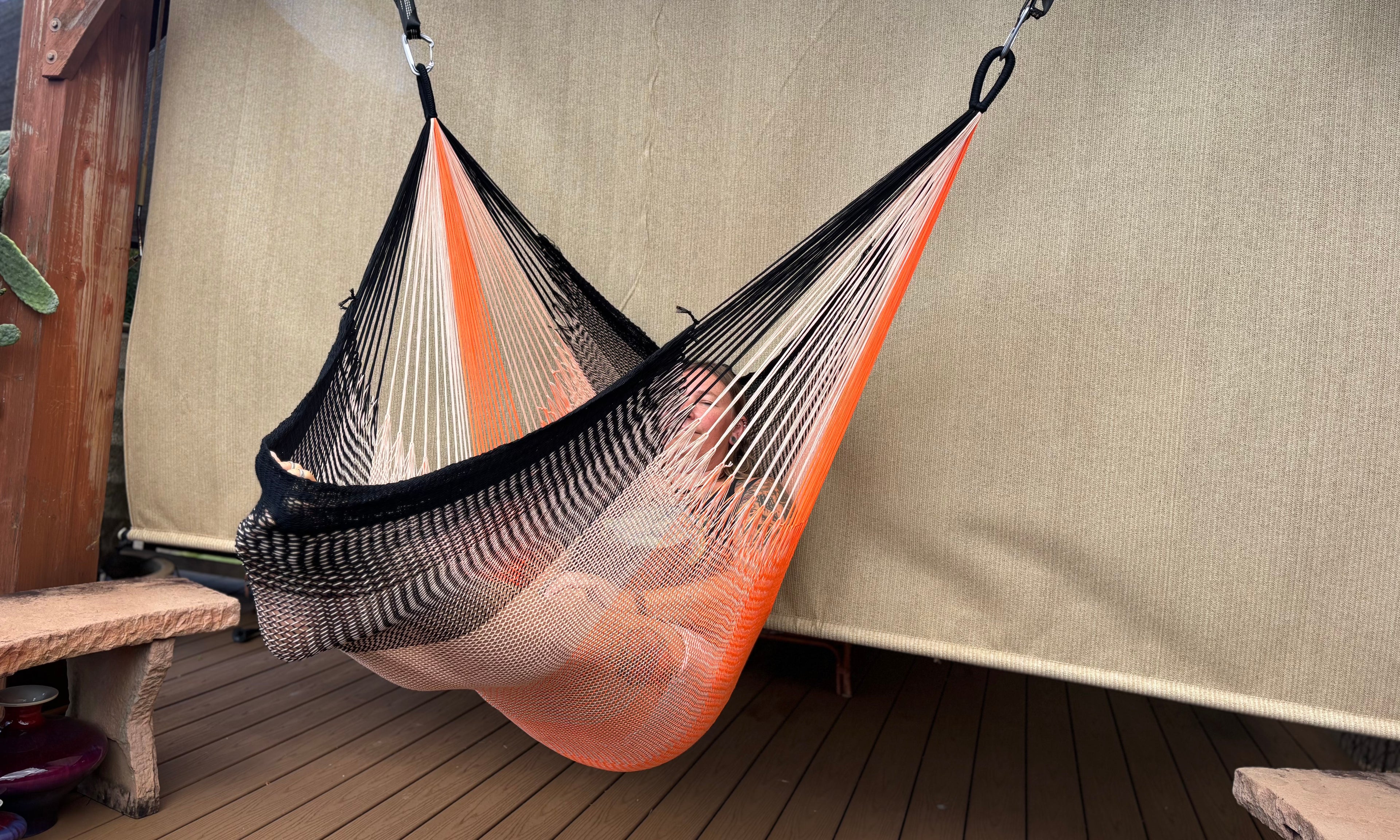Thai Hammock Chair • Black, Orange & White • Handwoven in Thailand • UV-Resistant • 500 lb Rated • Ultralight • Fair Trade