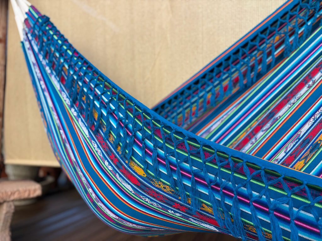 Braided Fringe Hammock: Inca Pattern, UV & Mildew Resistant, Lightweight, Electric Blue