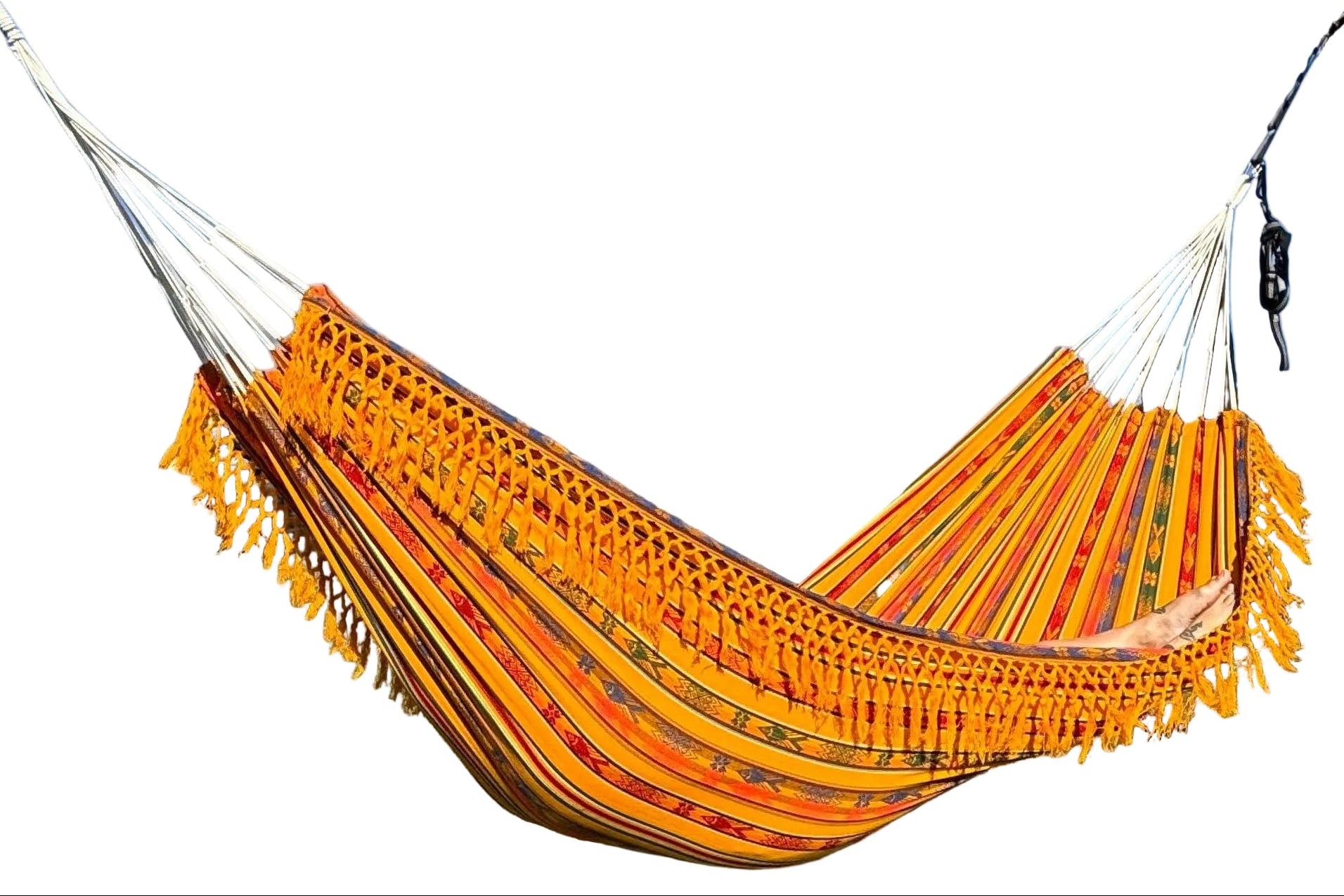 Ecuador Fringe Hammock • Yellow Blend • Handwoven by Artisans • UV-Resistant • 500 lb Rated • Fair Trade • Free Shipping