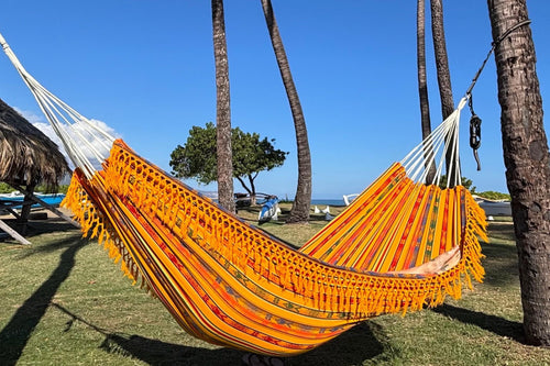 Ecuador Fringe Hammock • Yellow Blend • Handwoven by Artisans • UV-Resistant • 500 lb Rated • Fair Trade • Free Shipping