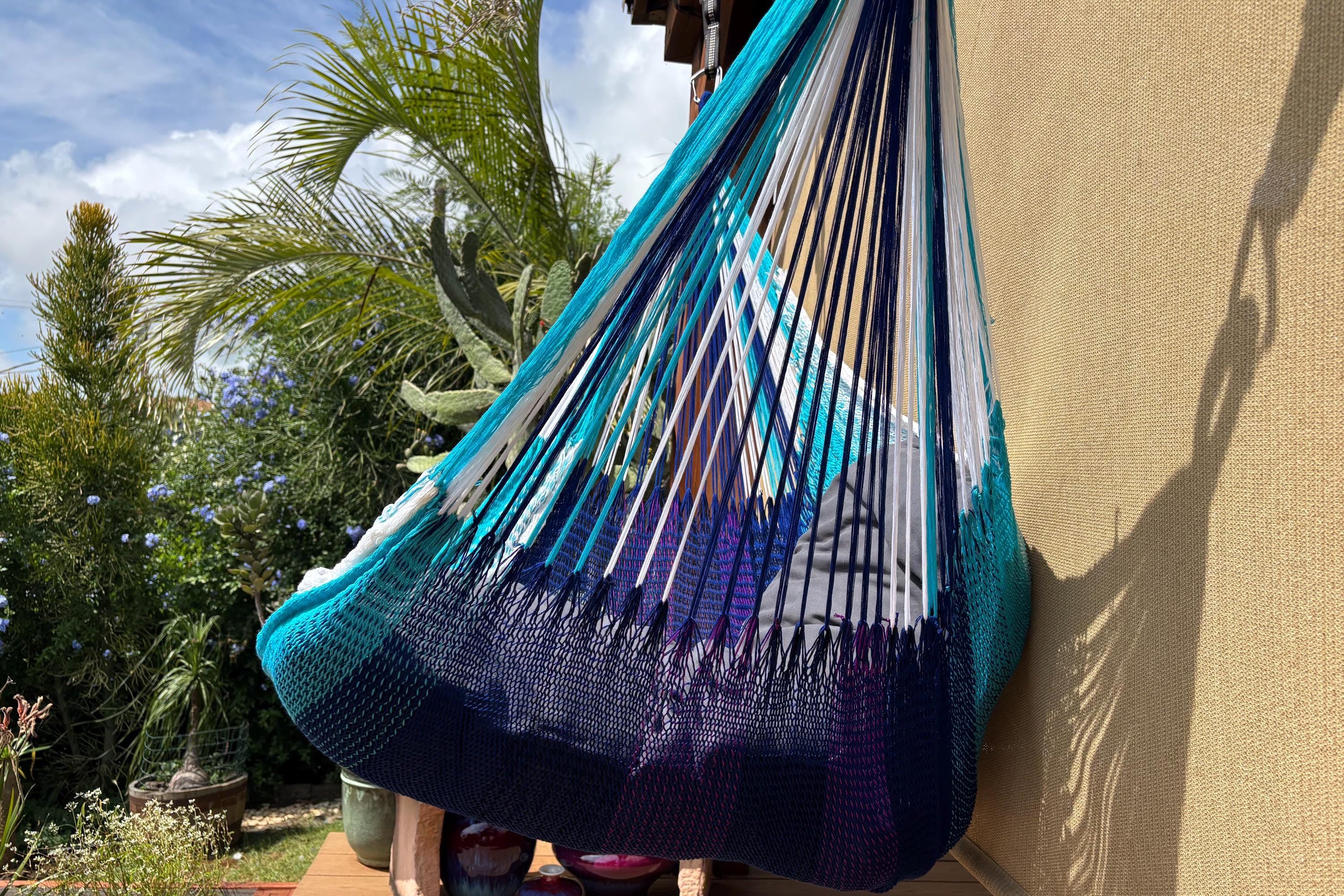 Thai Hammock Chair • Blue, Aqua & White • Handwoven in Thailand • UV-Resistant • 500 lb Rated • Fair Trade