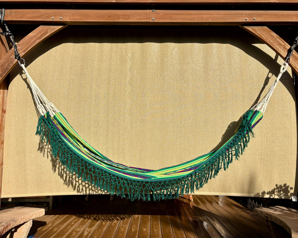 Braided Fringe Hammock: Inca Pattern, UV & Mildew Resistant, Lightweight, Green Blend