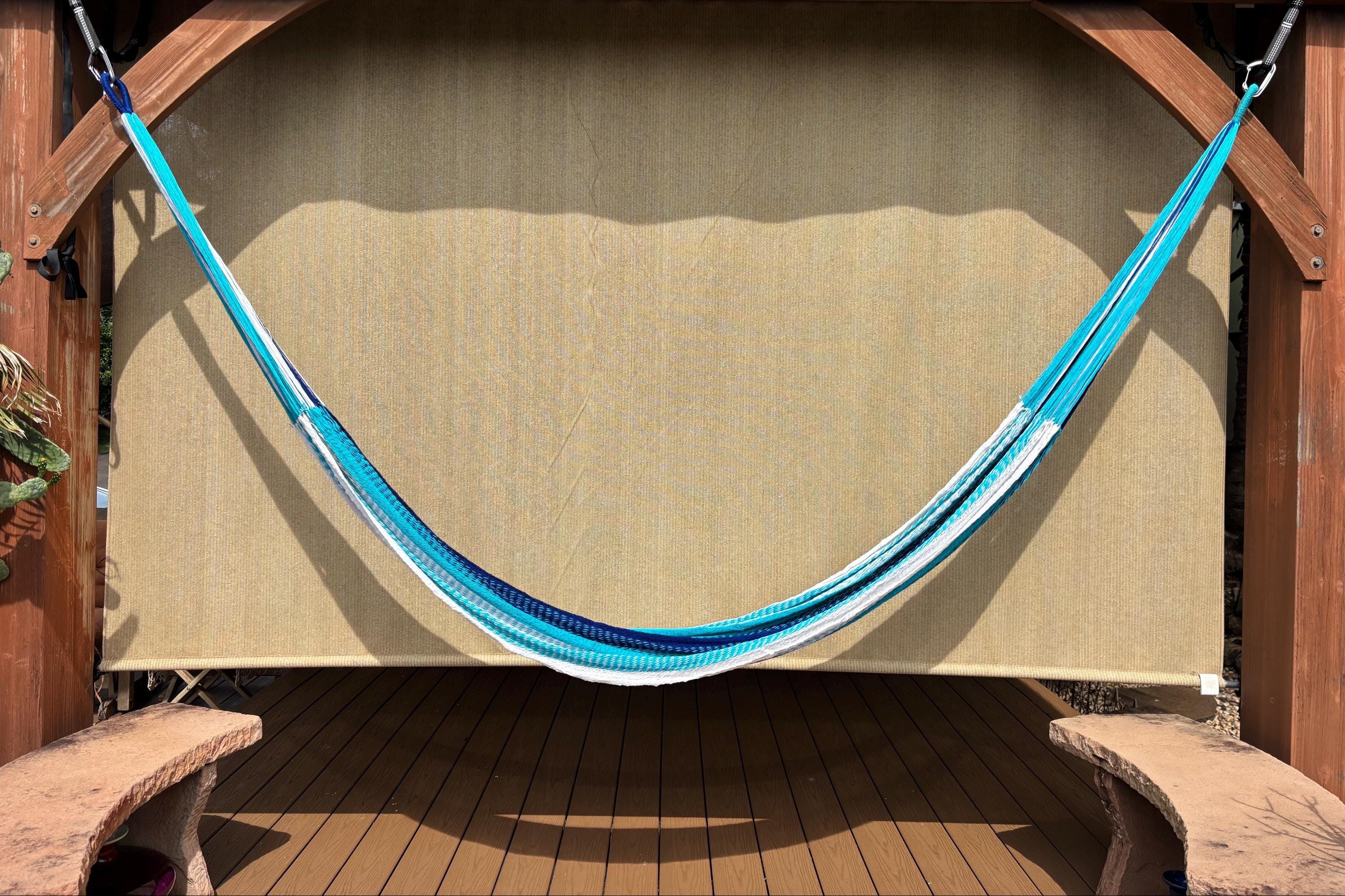Handwoven Thai Hammock • Weather-Resistant, Fair Trade Nalu/Wave Blend (White, Light & Dark Blue with purple stripes) Beautiful
