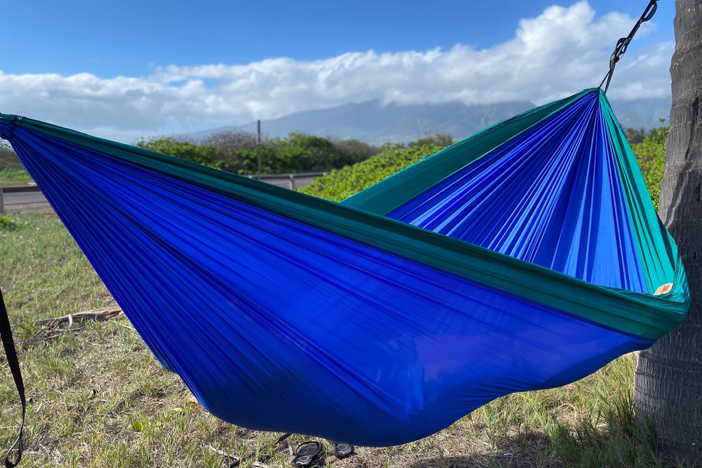 Parachute Silk Travel Hammock • Double 6.5’x10’ • 440 lb Rated • Includes 24 kN Carabiners & Stuff Sack • Ultralight & Breathable • Handcrafted in Bali Since 1996