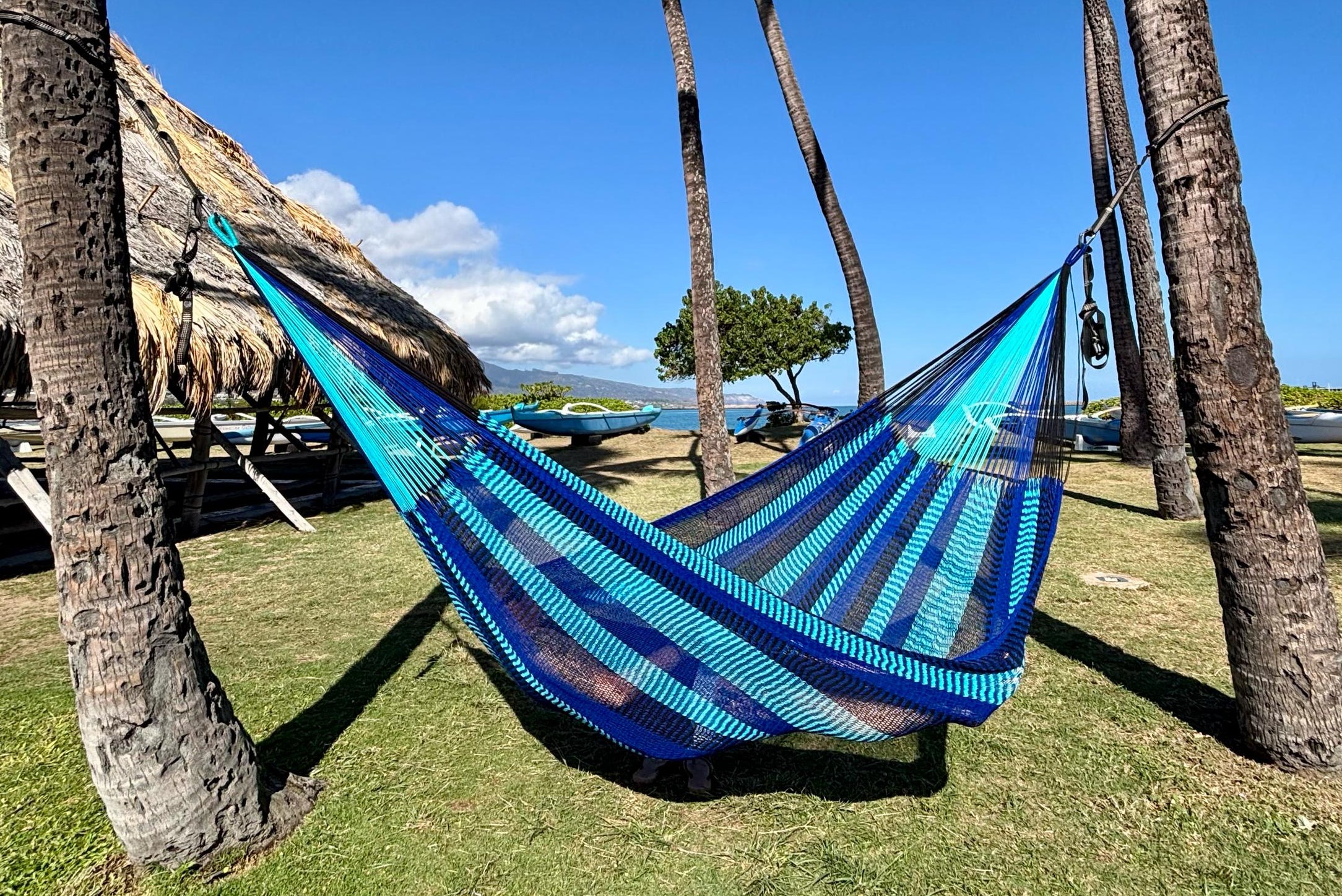 Handwoven Thai Hammock • Weather-Resistant, Fair Trade (Light Blue, Dark Blue, Black Blend)