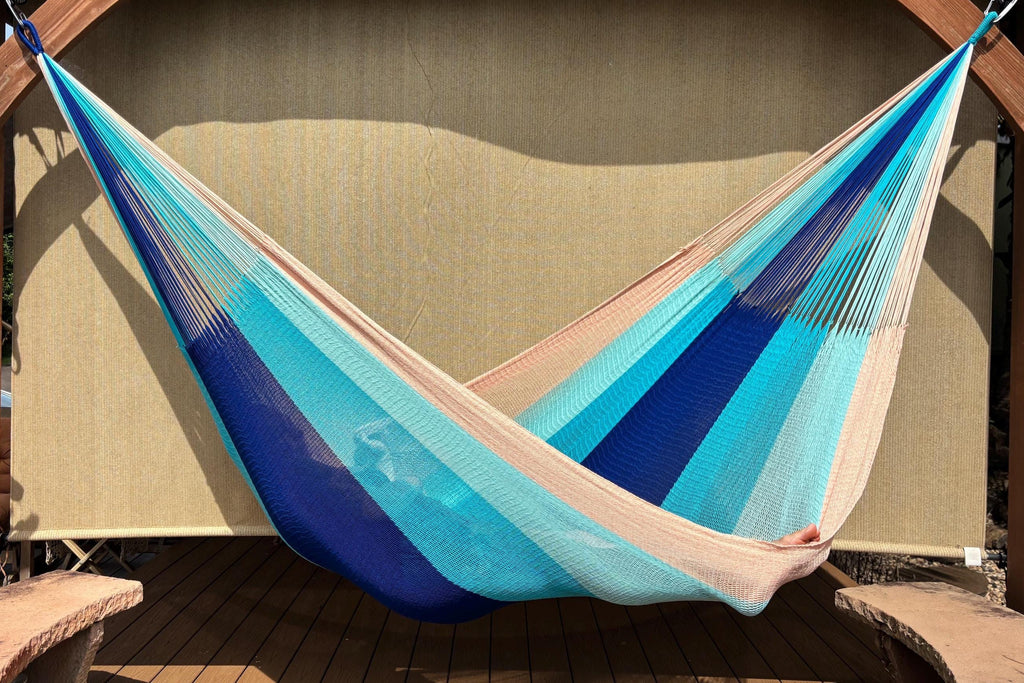 Handwoven Thai Hammock • Weather-Resistant, Fair Trade Light Blue, Dark Blue, Peach Blend