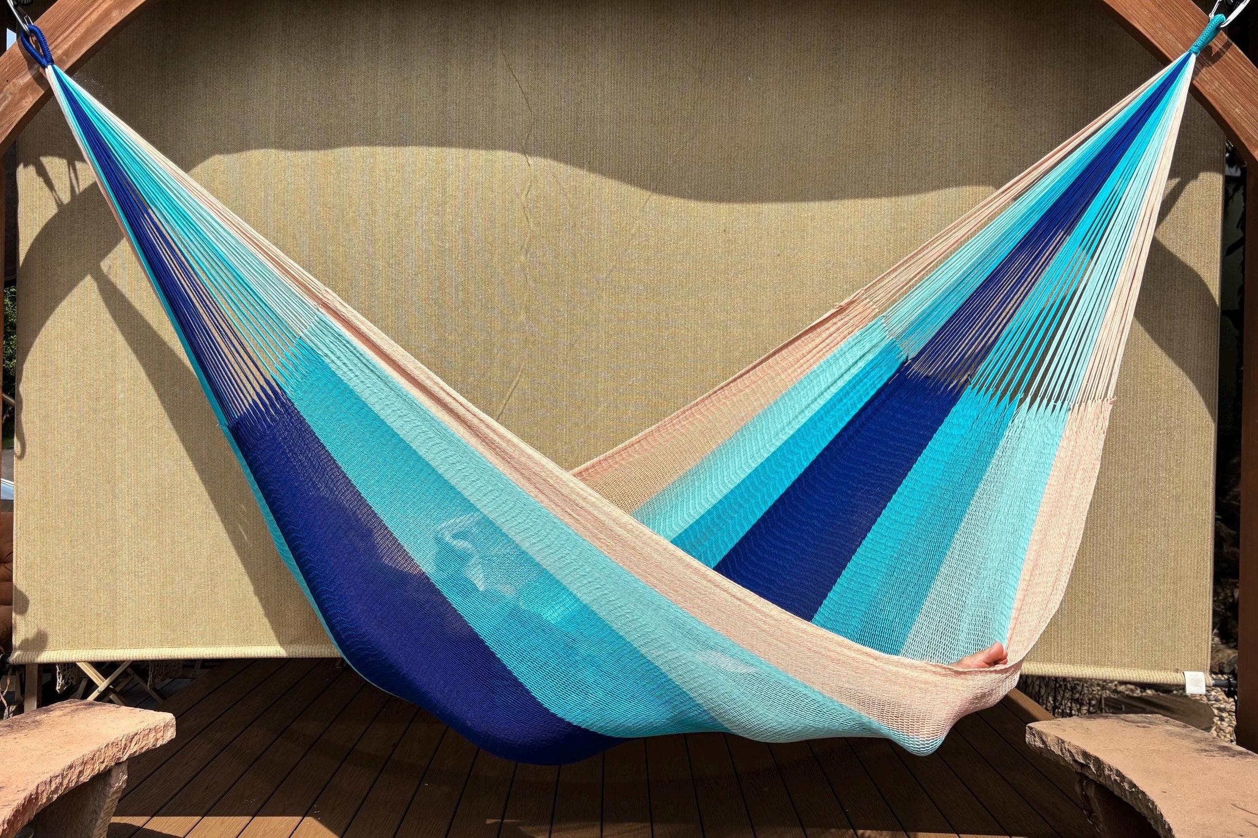 Handwoven Thai Hammock • Weather-Resistant, Fair Trade Light Blue, Dark Blue, Peach Blend