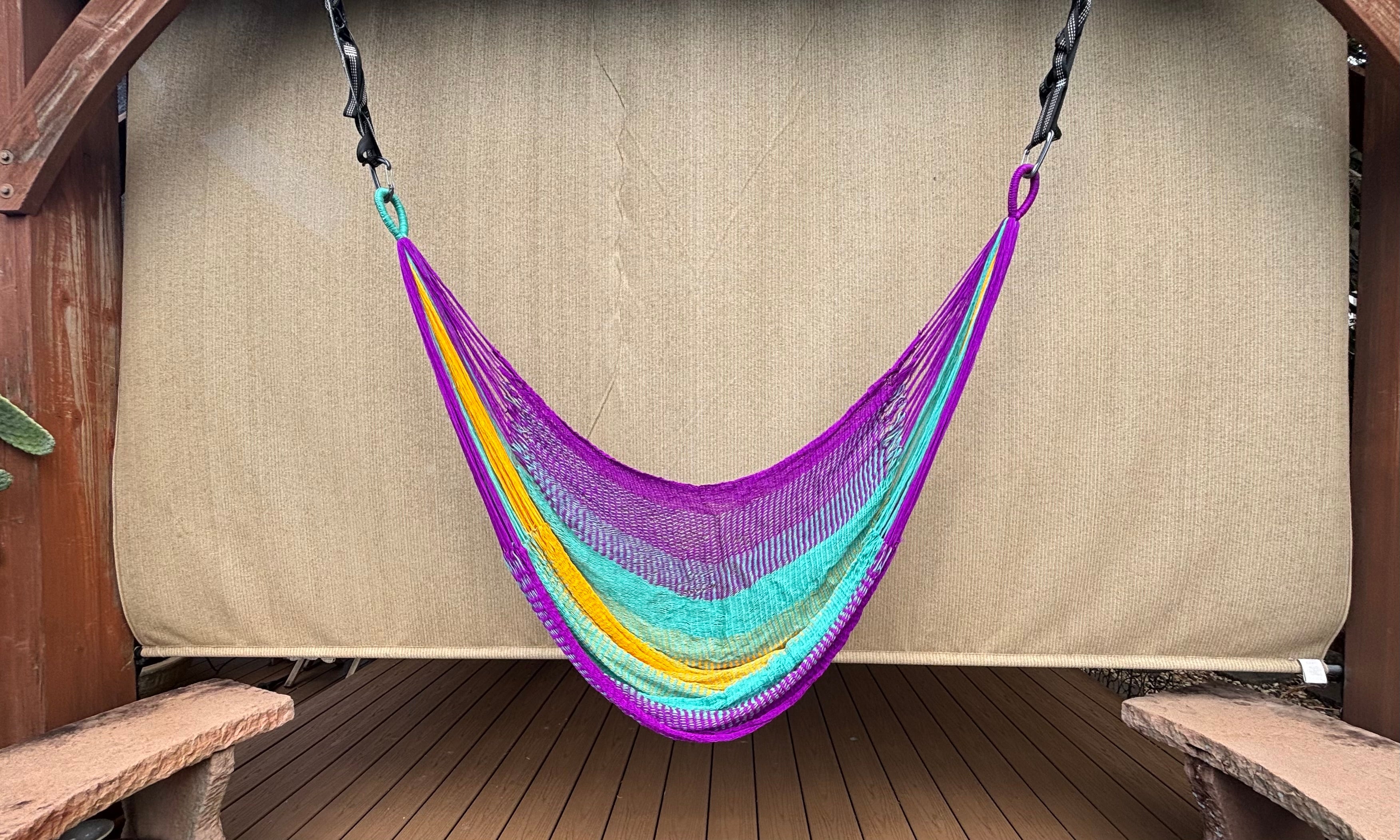 Thai Hammock Chair • Purple, Aqua & Yellow • Handwoven in Thailand • UV-Resistant • 500 lb Rated • Ultralight • Fair Trade