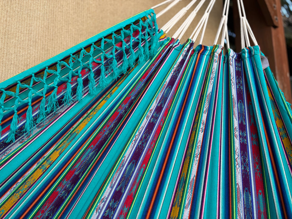Braided Fringe Hammock: Inca Pattern, UV & Mildew Resistant, Lightweight, Sea View