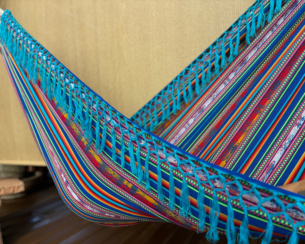 Braided Fringe Hammock: Inca Pattern, UV & Mildew Resistant, Lightweight, Aqua Blend