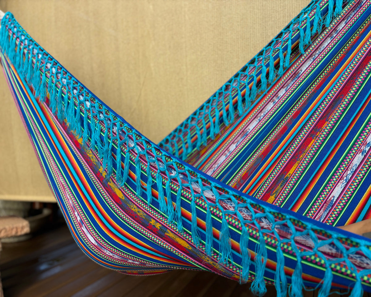 Braided Fringe Hammock: Inca Pattern, UV & Mildew Resistant, Lightweight, Aqua Blend